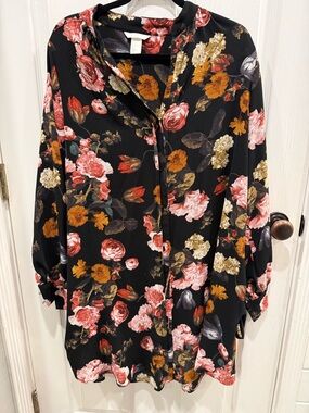H&M Black Blouse with Pink and Deep Red Floral Print